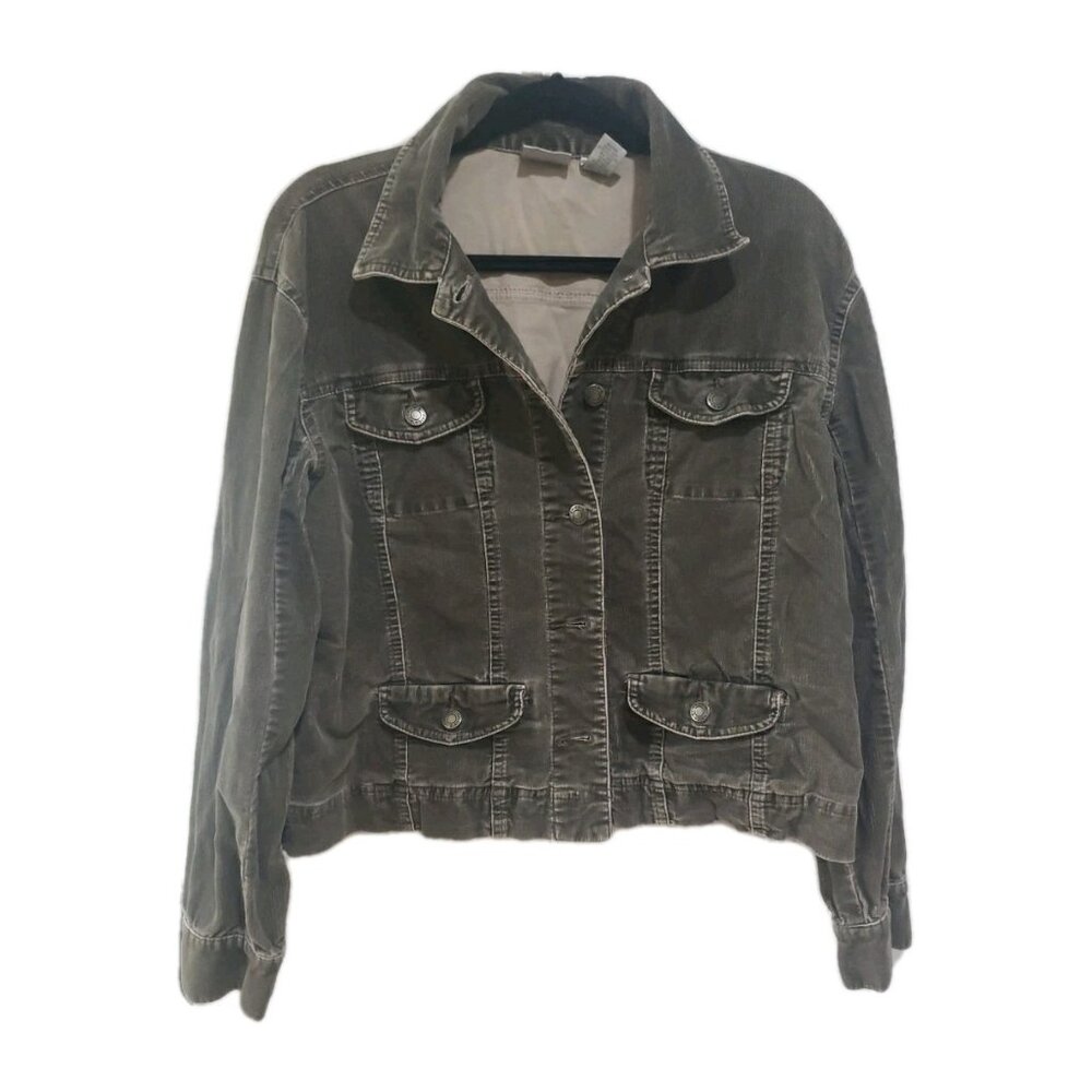 Chicos Trucker Jacket Velour Grey Size 1 Stretch Soft Pockets Medium
